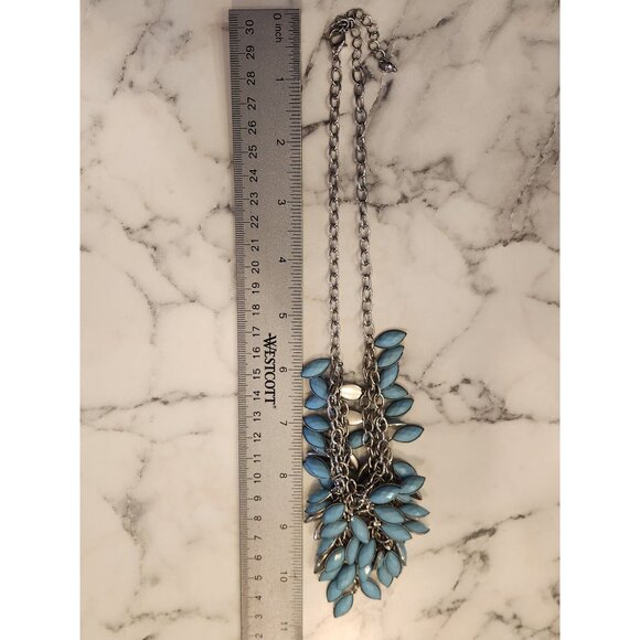 Statement Blue Leaf Bib Necklace With Silver Tone Chain - Picture 3 of 3
